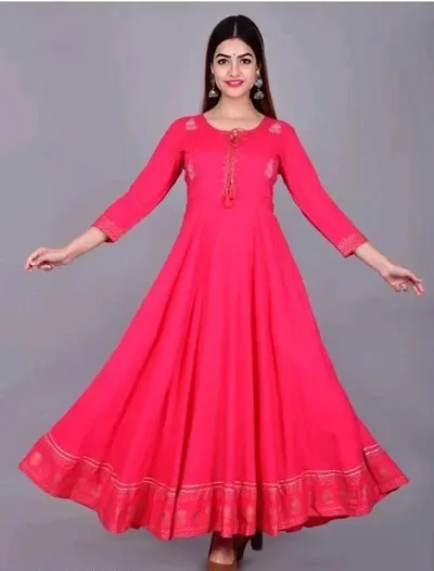 D S Enterprises Womens Border Embroidered Rayon Anarkali Kurta Gown/Embroidered Anarkali Kurta for Wedding/Solid Anarkali Kurta for Women/Flared Anarkali Gown for Women