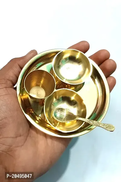 Small Size Brass Pooja Thali Set of 5 Pcs, Pooja Plate with 2 Bowl, 1 Glass and 1 Spoon-thumb4