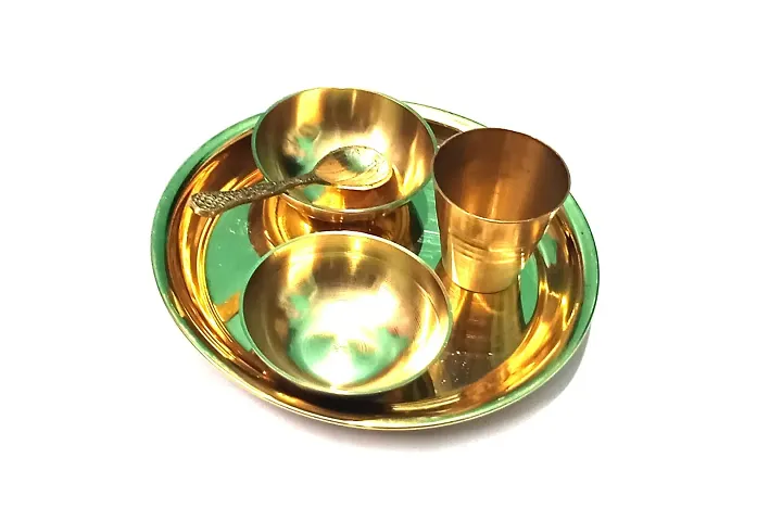 Small Size Brass Pooja Thali Set of 5 Pcs, Pooja Plate with 2 Bowl, 1 Glass and 1 Spoon