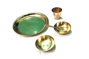 Small Size Brass Pooja Thali Set of 5 Pcs, Pooja Plate with 2 Bowl, 1 Glass and 1 Spoon-thumb1