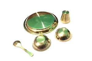 Small Size Brass Pooja Thali Set of 5 Pcs, Pooja Plate with 2 Bowl, 1 Glass and 1 Spoon-thumb2