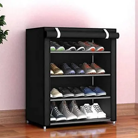4 Layer Heavy Duty Plastic Book/Shoe/Cloth Foldable Rack for Anywhere Use Black Color