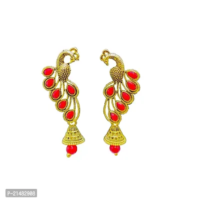 Traditional/Light Weight Gold Plated Red Stones  Pearl Peacock Earrings for Girls and Women-thumb0