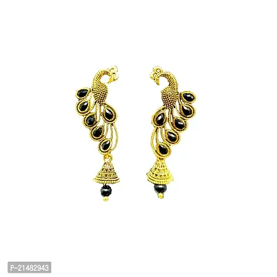 Traditional/Light Weight Gold Plated Black Stones  Pearl Peacock Earrings for Girls and Women