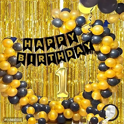 GROOVYWINGS 1st Black Gold Happy Birthday Decoration for Girls Kids Boys with Black Happy Birthday Banner,Black,Gold Balloons, Golden Foil Curtain,Arch Tape for birthday decoration items for room