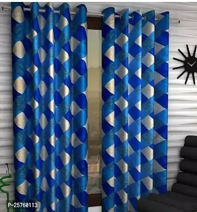 Stylish Blue Polyester Printed Window Curtains Pack Of 2