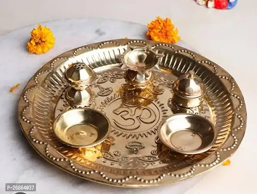 Tied Ribbons Decorative Pooja Thali Set With Diya Agarbatti Roli Chawal (Akshat) Holder Stand Metal Puja Plate (Gold, 20.3 Cm)