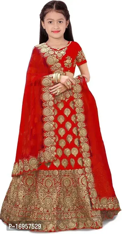 Alluring Red Satin Embroidered Lehenga Cholis For Girls-thumb0