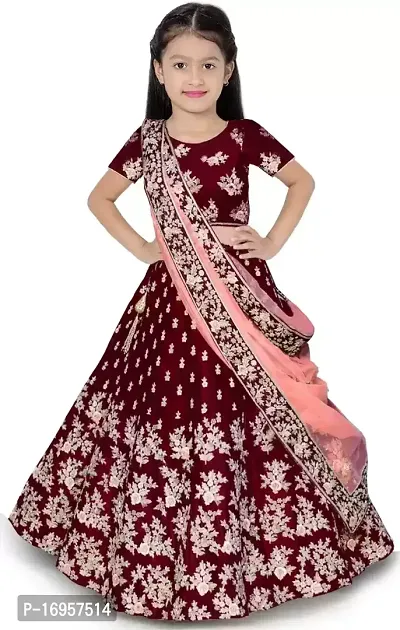 Alluring Maroon Satin Embroidered Lehenga Cholis For Girls