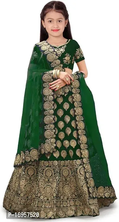 Alluring Green Satin Embroidered Lehenga Cholis For Girls-thumb0