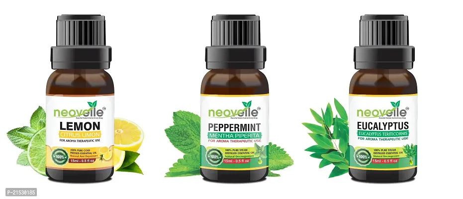 Natural Lemon Essential Oil -15Ml, Peppermint Essential Oil -15Ml With Eucalyptus Essential Oil -15Ml (45Ml-Pack Of 3)