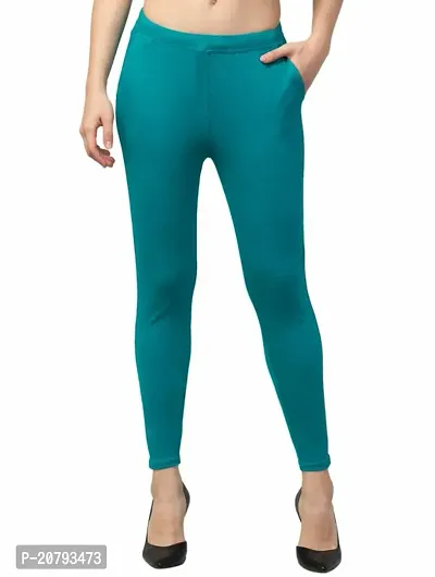 Stunning Green Cambric Cotton Solid Leggings For Women