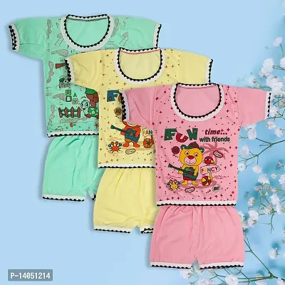 Baby Boy and Baby Girl's Cartoon Print Half Sleeves Soft Cotton Vests,Jhabla T-Shirt with Shorts Dress for Kids Infant Toddler New Born Baby Clothes (pack of 3)
