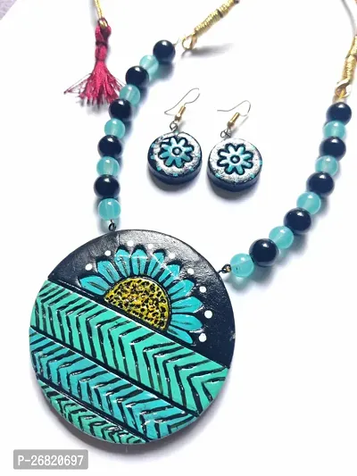 Stylish Turquoise Terra Cotta Jewellery Set For Women