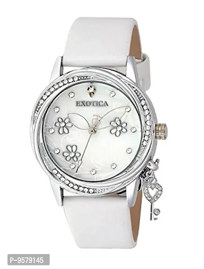 Exotica Fashions Ladies Watch with Water Resistance PNP case with Diamond Studed on Dial and White Leather Band