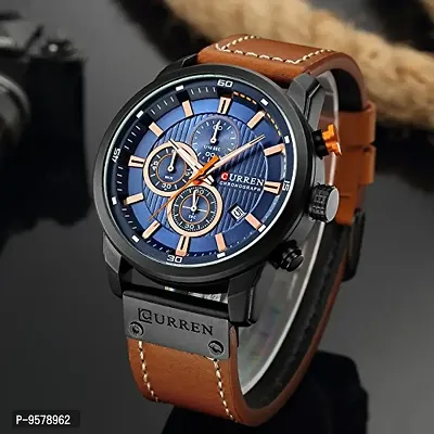 CURREN Mens Water Resistant Sport Chronograph Watches Military Multifunction Leather Quartz Wrist Watches (Black Blue)-thumb4