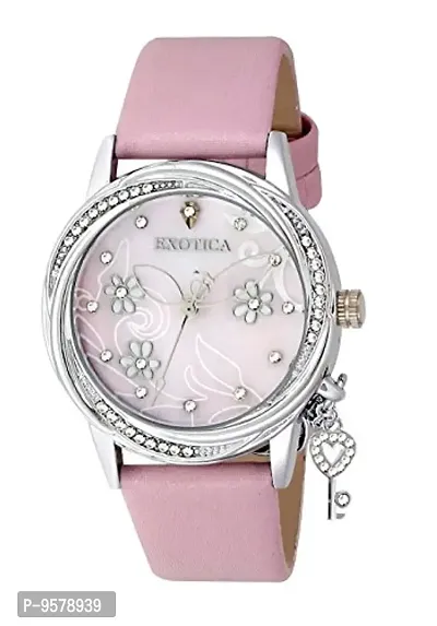 Exotica Fashions Ladies Watch with Water Resistance Rose Gold case with Diamond Studed on Dial and Pink Leather Band