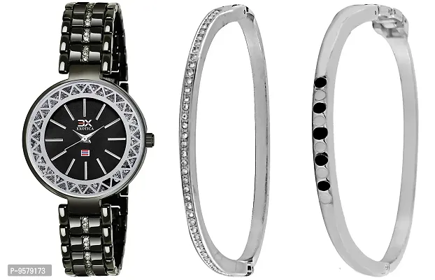 Exotica Fashions Women's Swarovski Crystal Accented Texture Bangle Watch and Bracelet Set (Pack of 3)-thumb0