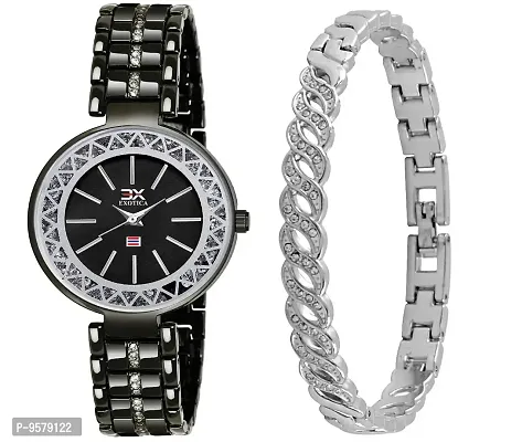 Exotica Fashions Women's  Swarovski Crystal Accented Black and Silver-Tone Bangle Watch and Bracelet Set