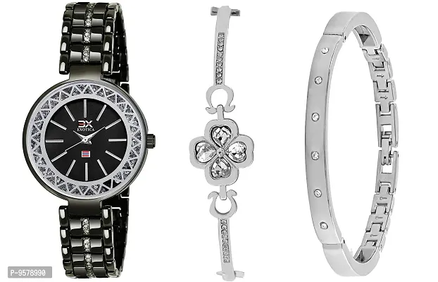 Exotica Fashions Women's  Swarovski Crystal Accented Black and Silver-Tone Bangle Watch and Bracelet Set-thumb0