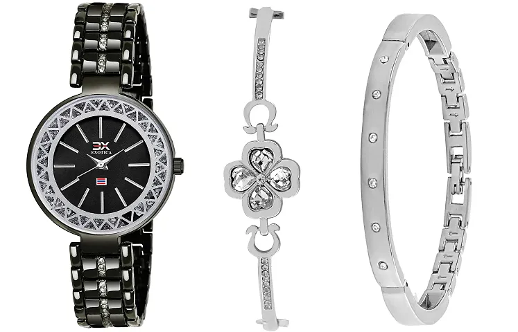 Exotica Fashions Women's  Swarovski Crystal Accented Black and Silver-Tone Bangle Watch and Bracelet Set