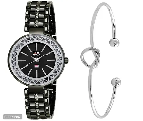 Exotica Fashions Women's  Swarovski Crystal Accented Black and Silver-Tone Bangle Watch and Bracelet Set-thumb0