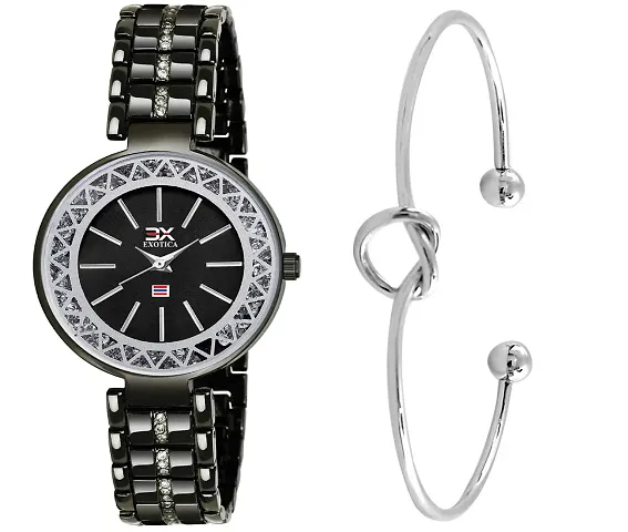 Exotica Fashions Women's  Swarovski Crystal Accented Black and Silver-Tone Bangle Watch and Bracelet Set