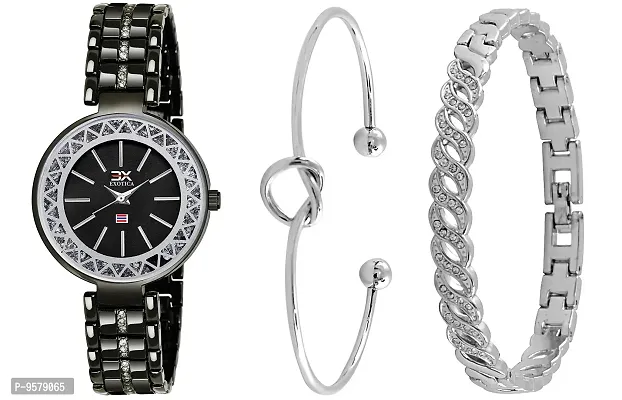 Exotica Fashions Women's  Swarovski Crystal Accented Black and Silver-Tone Bangle Watch and Bracelet Set-thumb0