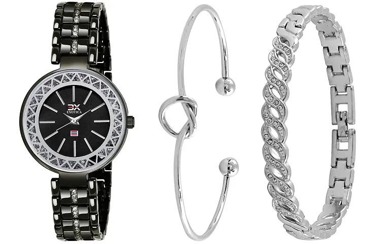 Exotica Fashions Women's  Swarovski Crystal Accented Black and Silver-Tone Bangle Watch and Bracelet Set