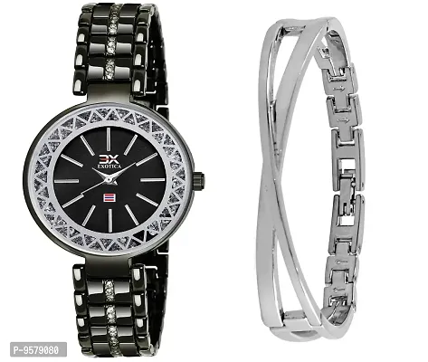Exotica Fashions Women's  Swarovski Crystal Accented Black and Silver-Tone Bangle Watch and Bracelet Set