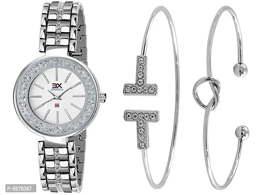 Exotica Fashions Women's Swarovski Crystal Accented Texture Bangle Watch and Bracelet Set (Pack of 3)-thumb0