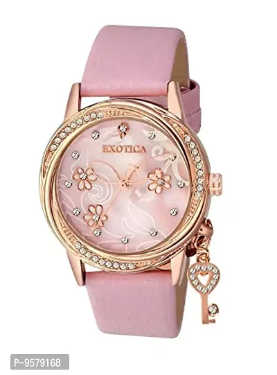 Exotica Fashions Ladies Watch with Water Resistance PNP case with Diamond Studed on Dial and Pink Leather Band-thumb0