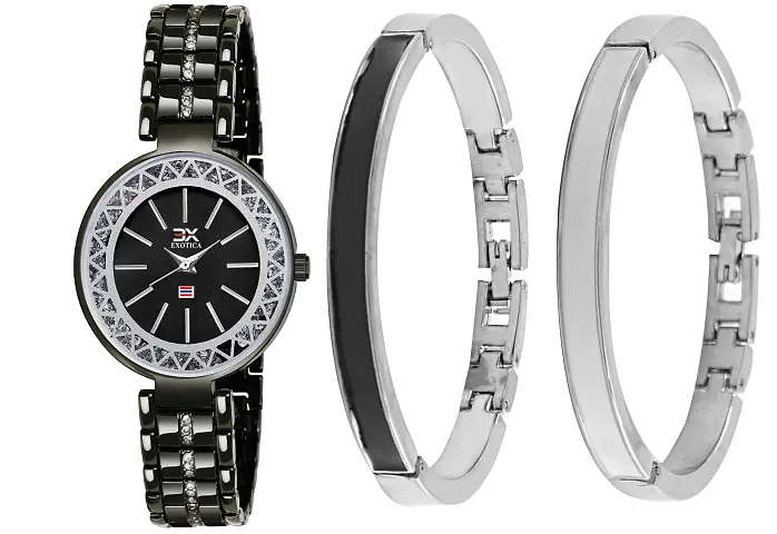 Exotica Fashions Women's  Swarovski Crystal Accented Black and Silver-Tone Bangle Watch and Bracelet Set