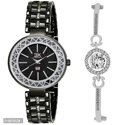 Exotica Fashions Women's  Swarovski Crystal Accented Black and Silver-Tone Bangle Watch and Bracelet Set-thumb0