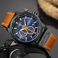 CURREN Mens Water Resistant Sport Chronograph Watches Military Multifunction Leather Quartz Wrist Watches (Black Blue)-thumb4