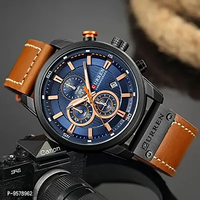CURREN Mens Water Resistant Sport Chronograph Watches Military Multifunction Leather Quartz Wrist Watches (Black Blue)-thumb5