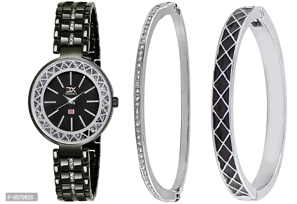 Exotica Fashions Women's  Swarovski Crystal Accented Black and Silver-Tone Bangle Watch and Bracelet Set