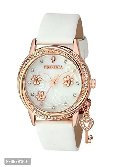 Exotica Fashions Ladies Watch with Water Resistance Rose Gold case with Diamond Studed on Dial and White Leather Band-thumb0