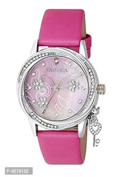 Exotica Fashions Ladies Watch with Water Resistance PNP case with Diamond Studed on Dial and Fuschia Leather Band-thumb0