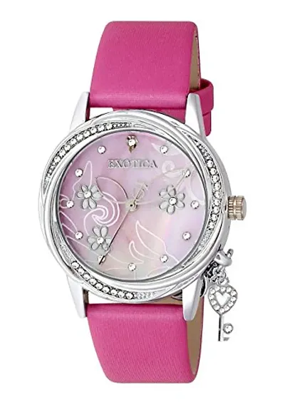 Exotica Fashions Ladies Watch with Water Resistance PNP case with Diamond Studed on Dial and Fuschia Leather Band