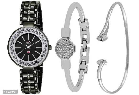 Exotica Fashions Women's  Swarovski Crystal Accented Black and Silver-Tone Bangle Watch and Bracelet Set