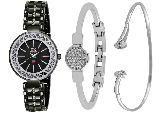 Exotica Fashions Women's  Swarovski Crystal Accented Black and Silver-Tone Bangle Watch and Bracelet Set