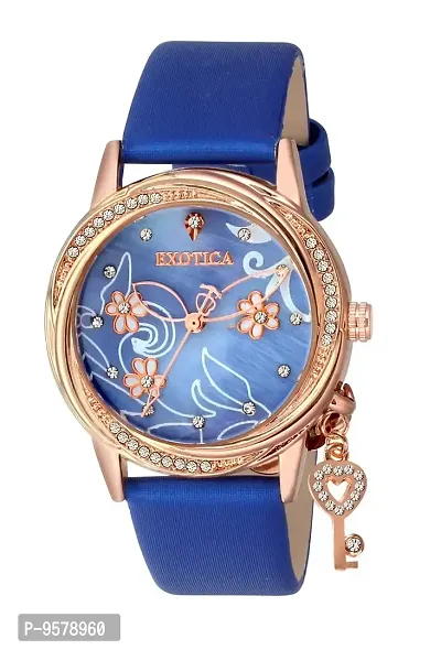 Exotica Fashions Ladies Watch with Water Resistance Rose Gold case with Diamond Studed on Dial and Purple Leather Band