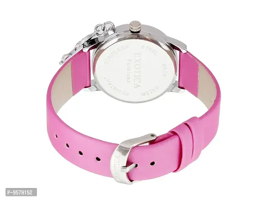 Exotica Fashions Ladies Watch with Water Resistance PNP case with Diamond Studed on Dial and Fuschia Leather Band-thumb3