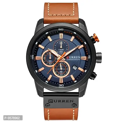 CURREN Mens Water Resistant Sport Chronograph Watches Military Multifunction Leather Quartz Wrist Watches (Black Blue)-thumb0