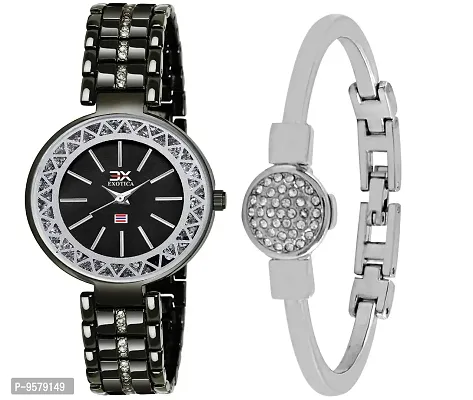 Exotica Fashions Women's  Swarovski Crystal Accented Black and Silver-Tone Bangle Watch and Bracelet Set-thumb0