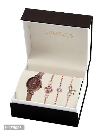 Exotica Fashions Women's Swarovski Crystal Accented Texture Bangle Watch and Bracelet Set (Pack of 4)-thumb2