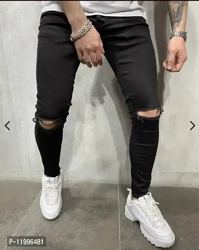 Star4well Men Knee Cut Black Slim Fit Jeans-thumb0