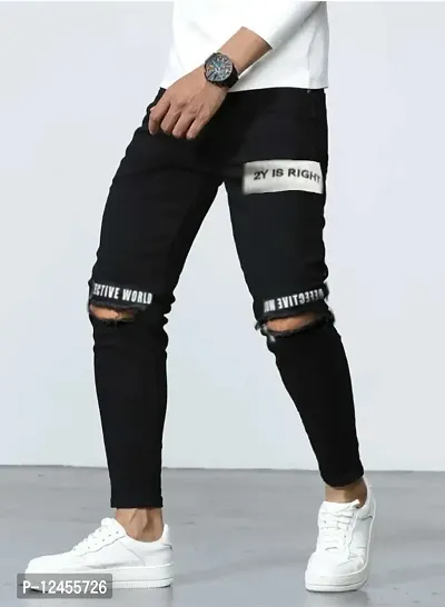 Men Printed Knee Cut Black Jeans