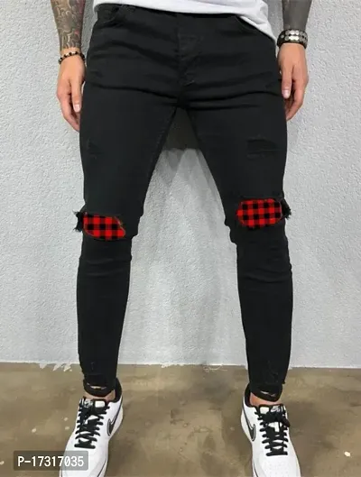 Star4well Men Printed Knee Cut Slim Fit Black Jeans